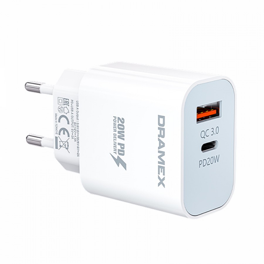 Dramex DPQ20B Quantum USB+Type-C QC3.0 PD 20W Hızlı Şarj Adaptörü