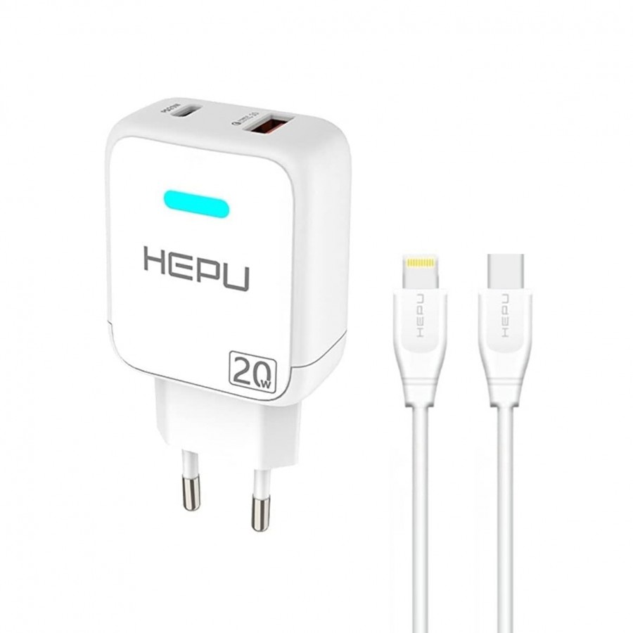 HEPU HP619L QC3.0 20W Çift Çıkış Şarj Aleti Type-C-Lightning Kablo Set