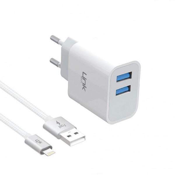 LinkTech C205 Çift USB Çıkışlı Lightning Kablolu 10W 2.1A Şarj Aleti Beyaz