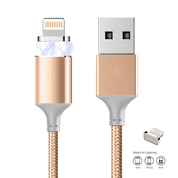 Manyetik Mıknatıslı iPhone Lightning Şarj Kablosu Gold Hasır-Örgü E…