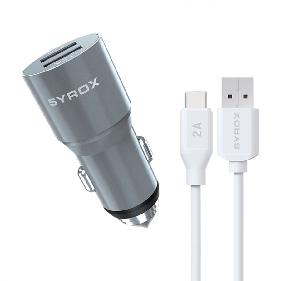 Syrox C32T 2x USB Metal Araç Şarj Aleti ve Type-C Kablo Set