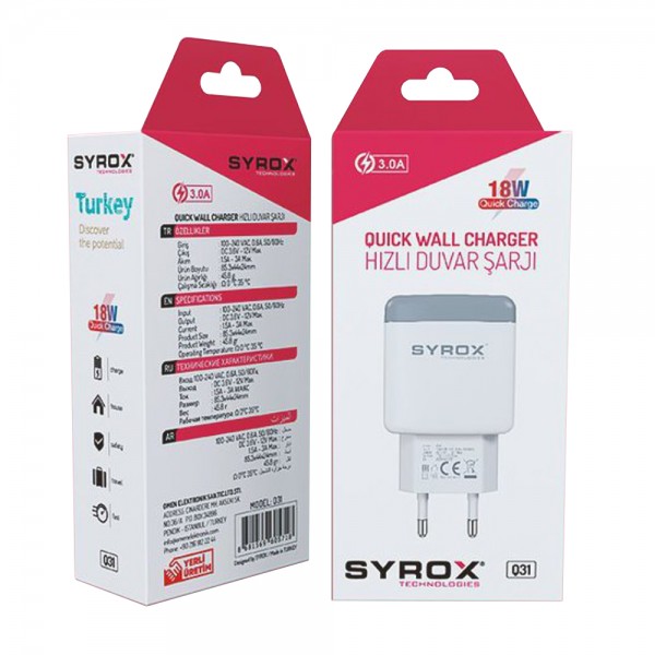 Syrox Q31 Hızlı Şarj Adaptörü (Başlık) 3.0A 18W Beyaz…