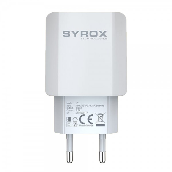 Syrox J51 Hızlı USB Şarj Adaptörü (Başlık) 2.6A - Beyaz…