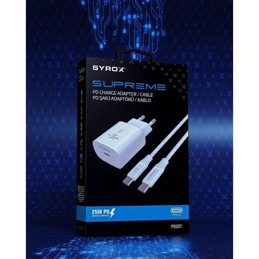 Syrox PD25T QC3.0 PD 25W Hızlı Şarj Aleti Type-C to Type-C Kablo Set Beyaz