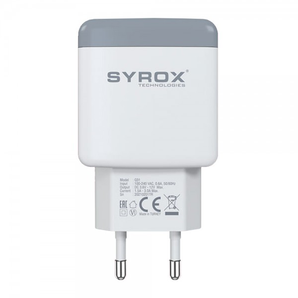 Syrox Q31 Hızlı Şarj Adaptörü (Başlık) 3.0A 18W Beyaz…