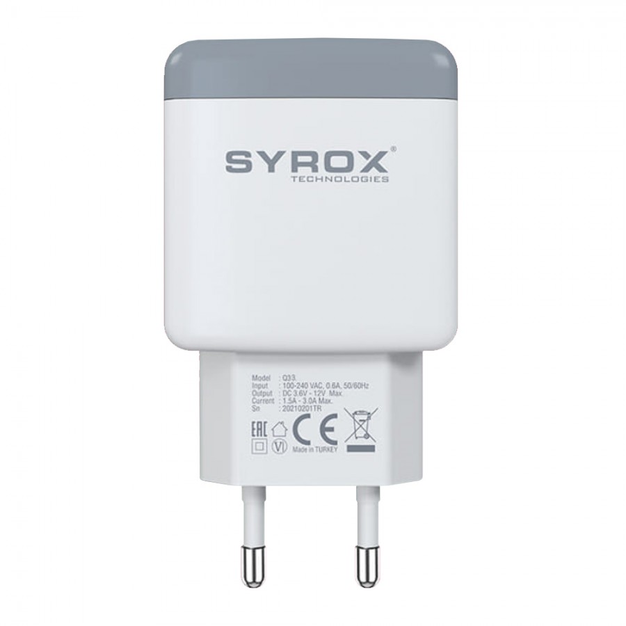 Syrox Q33 Hızlı USB Duvar Şarj Adaptörü (Başlık) 3.0A 18W - Beyaz